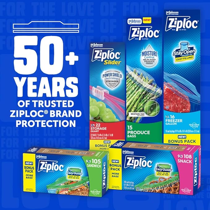 Ziploc Quart Food Storage Freezer Slider Bags, Power Shield Technology for More Durability, 34 Count (Pack of 2)