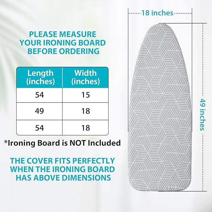 Seiritex Wide Ironing Board Cover with Padding 18 x 49 inch Heat Reflective with Hook and Loop Fasteners, Thick Padding with Elasticized Edges, 3 Layers Iron Board Cover (Gray Cube)