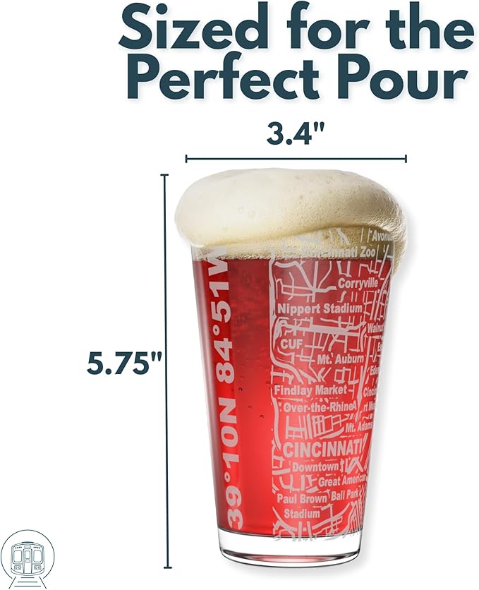 Greenline Goods – Cincinnati, OH Map Pint Beer Glasses (Set of 2), 16 oz – Etched Wrap Design