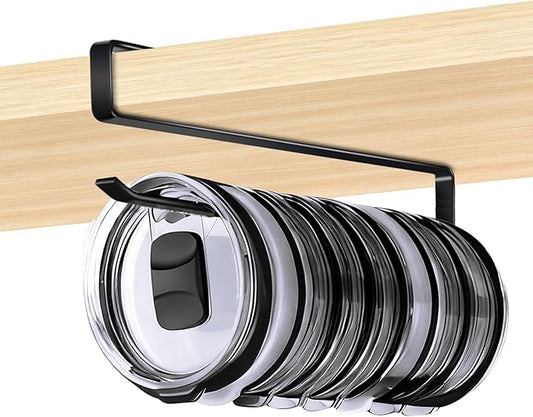 Tumbler Lid Organizer for Cabinet, Kezvulp No-Drill Holder Holds 10 Lids with Space Saving and Anti-Drop Design, the Must-Have Rustproof Rack for Kitchen Organization and Storage (Black)