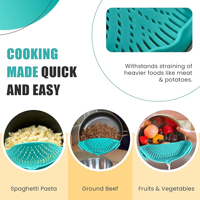 Clip On Kitchen Food Strainer for Spaghetti, Meat, Pasta, & Ground Beef Grease, Colander & Sieve Snaps or Clips Onto Bowls, Pots & Pans Includes Silicone Drainer, Brush & Garlic Peeler (Aqua)