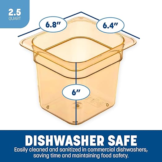 Carlisle FoodService Products StorPlus High-Heat 1/6-Size Food Pan, 6 Deep Food Storage Container with 2.5 Quart Capacity, High Heat Plastic, 1/6 Size, Amber, (Pack of 6)