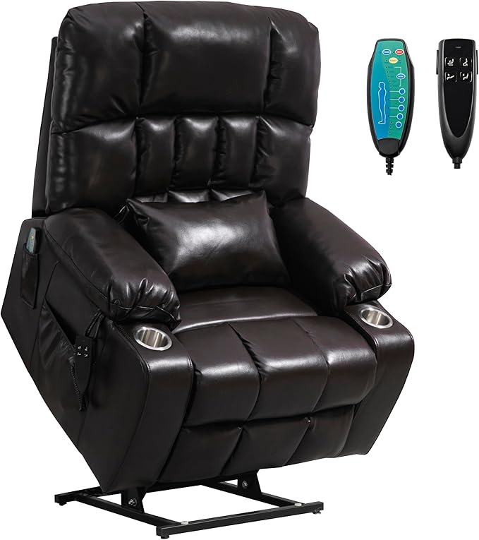Dual Motor Power Lift Recliner Chair for Big and Tall Elderly Adults Electric Lay Flat Recliner, Stand Up Lift Chairs Recliners with Massage Heat, Cup Holders, Side Pockets, Lumbar Pillow