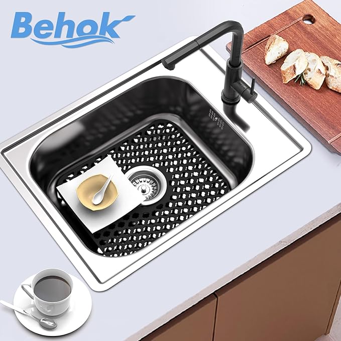 2 Pack Silicone Sink Protector for Kitchen Sink Bathroom, 13.58"x 11.6" Heat-resistant Sinks Mat, Non-Slip and Durable Sinks Protectors Silicone, Center Drain (Black)