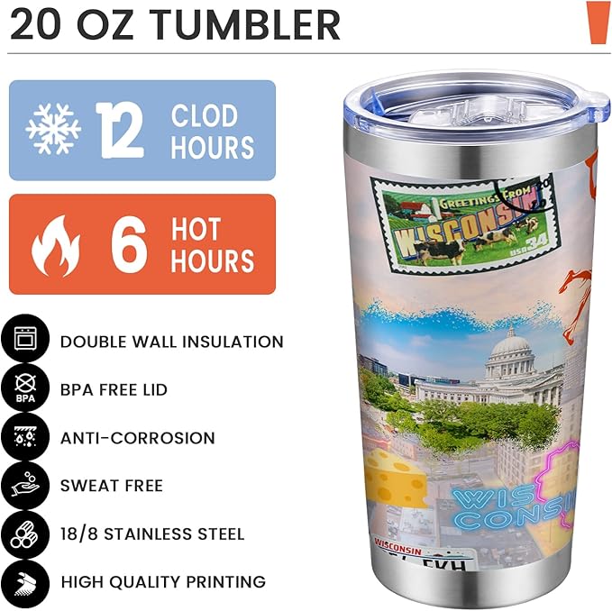 20oz Insulated Tumbler Wisconsin State Coffee Mug, United States Map Travel Mug Landmark, Birthday Gifts Cute Custom Tumbler Cups with Lid and Straw Gifts for Mom