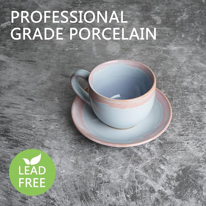 Bosmarlin Ceramic Cappuccino Cup and Saucer Set of 2, 9 Oz, Coffee Cups for Latte, Espresso, Tea, Dishwasher and Microwave Safe, Reavtive Glaze (Purple)