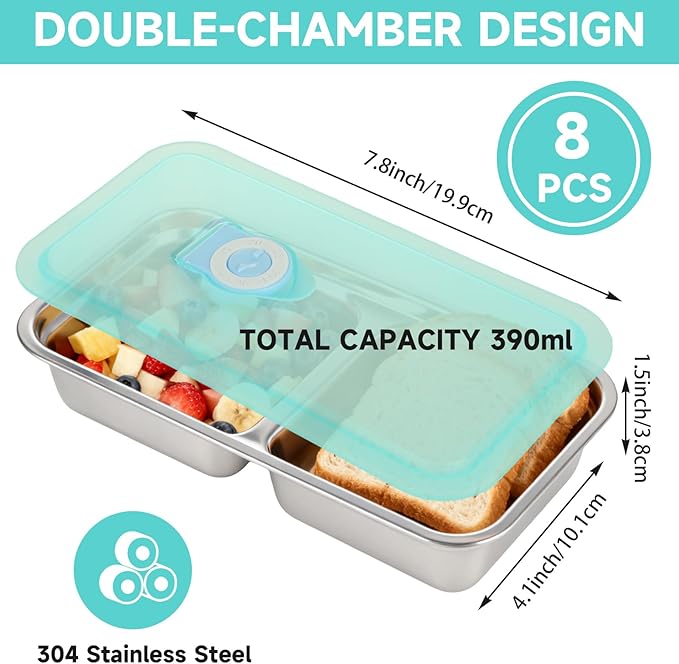 SHUESS 8 Pack Stainless Steel Snack Containers, Food-Grade Double Compartment Lunch Box, Leak-Proof & Dishwasher-Safe, Ideal for Travel, Work