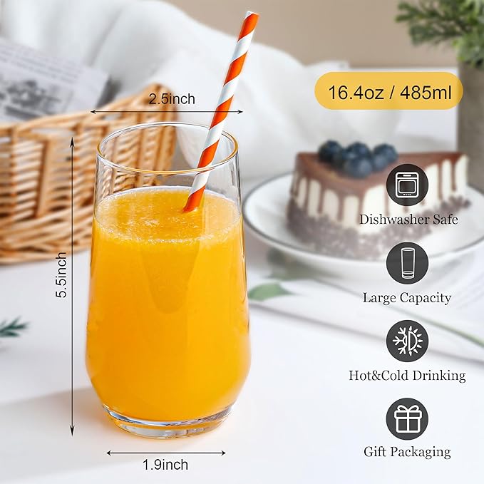 Drinking Glasses Set of 6, 16.4oz Highball Glasses, Crystal Clear Tall Water Glasses, Glass Cups for Cocktail, Juice, Iced Tea, Mojito and Smoothies, Clear Glassware Set, Christmas Gifts