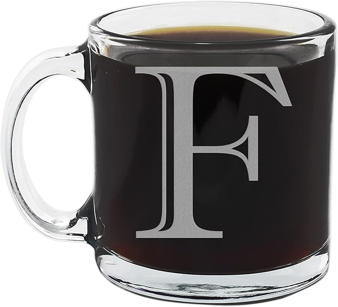 Spotted Dog Company Etched Monogram 12oz Clear Glass Coffee Mug (Letter F), A-Z Customized Coffee Gifts, Custom Engraved Gifts for Women Her, Personalized Gift for Men, Initial