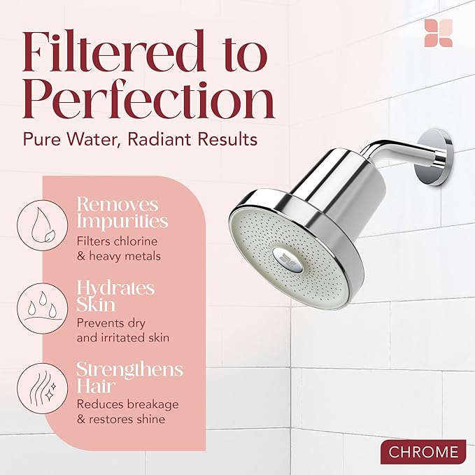 Shower Filter Head for Hard Water Improves Skin, Hair, and Nails - Large, High Output Filtered Shower Head with Filter Softens Water and Removes Chlorine and Heavy Metals, Chrome