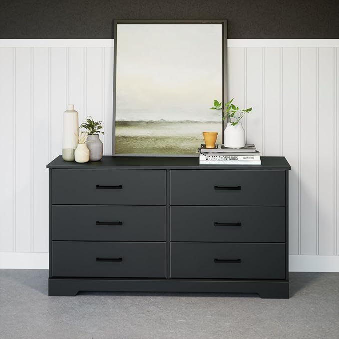 Prepac Rustic Ridge Farmhouse 6-Drawer Double Dresser, Black Dresser for Bedroom, Chest of Drawers with 6 Storage Drawers, 53.25” wide x 18.25” deep x 28.5” tall, Black