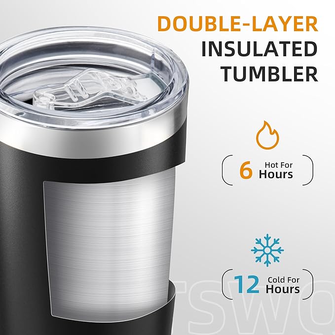 20 oz Tumbler Bulk with Lid Stainless Steel Insulated Tumblers Double Wall Vacuum Coffee Mug Powder Coated Tumbler Cups for Cold and Hot Drinks, Black, 6 pack