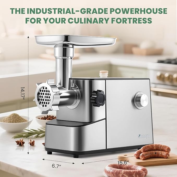 Huanyu Meat Grinder Electric 3200W Max Power Heavy Duty, Ice Shaver and Veggie Shredder, 2 Blades, 3 Plates, Sausage Tubes and Kubbe Kit Built-in Storage #10 Outlet for Home Use