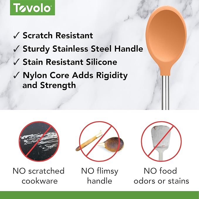 Mixing Spoon Stainless Steel Handle Scratch Resistant Non Stick Safe Kitchen Utensil for Cooking Baking Serving Stirring, Heat Resistant Silicone Stirring Spoon with Metal Handle Apricot Orange