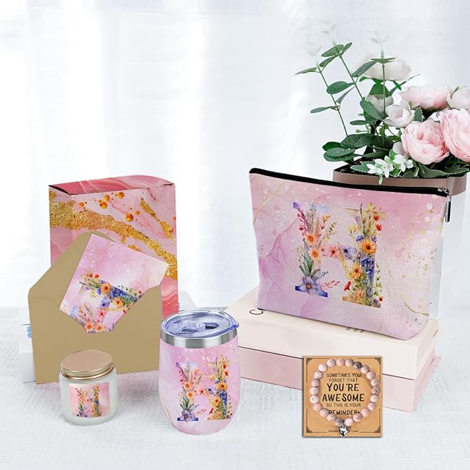 Personalized Gifts Monogrammed Birthday Gifts for Women, Bridesmaid Bachelorette Party Christmas Initial Wine Tumbler Makeup Bag Scented Candle Bracelet Set, (Aesthetic Pink Flower H)