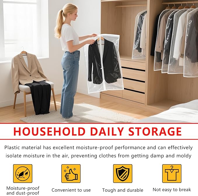 Garment Bag, Translucent 24'' x 43'' Suit Bag, 5 Packs, Dress Bags for Gowns, Garment Bags for Travel, Travel Garment Bag, Garment Bags for Hanging Clothes, Washable Suit Cover (24'' x 43'')