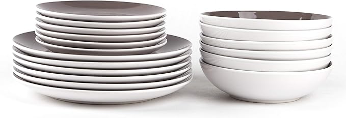 Stoneware Coupe Shape 18pc Dinnerware Set, Outside White + Inside Taupe