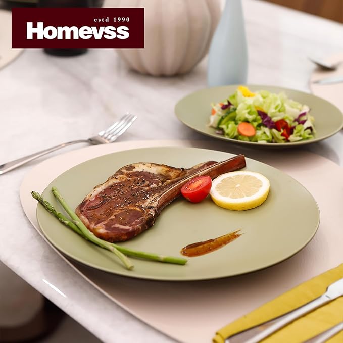 Stoneware Two-Tone Colors Life 12pc Dinner Set， Outside Shiny Black + Inside Matte Glaze Olive)