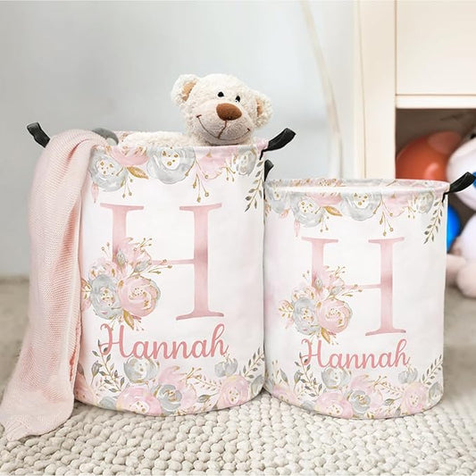 callie Personalized Laundry Basket for Kids Girls, Custom Initial & Flower Laundry Hamper, Clothes Toys Storage Bin for Bedroom Nursery (13.8" x 16.5", 15.7" x 19.6")