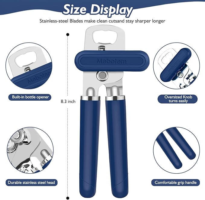10 Colors Can Opener Manual Handheld Heavy Duty Hand Can Opener Smooth Edge Stainless Steel Can Openers Top Lid Kitchen Gadgets, Best Large Rated Easy Turn Knob, with Bottle Opener, Navy Blue