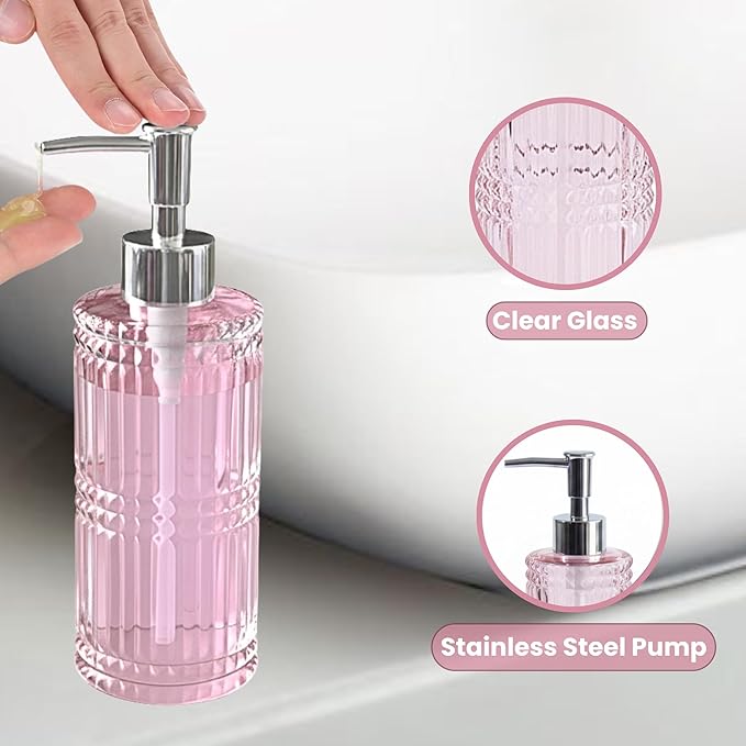 Escenzy Pink Bathroom Accessories Set 4 Pcs | Premium Glass Soap Dispenser and Toothbrush Holder Set, Qtip Holder, Soap Tray | Bathroom Counter Organizer Essentials | Modern Bathroom Set (Pink)