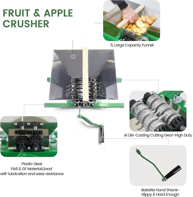 EJWOX Fruit and Apple Crusher - 7L Manual Juicer Grinder, Portable Fruit Scratter Pulper for Home Brewing & Cider Pressing (Stainless Steel, 1.8 Gallon, Green)