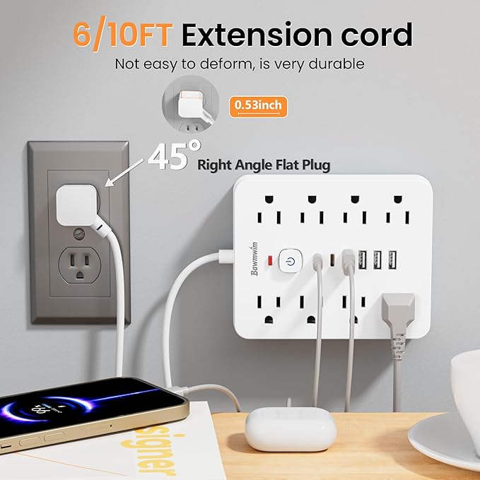 Surge Protector Power Strip - 8 Outlets(1250W/10A) 4 USB A（2 USB C, 6FT Flat Plug Extension Cord, Wall Mount Multi Plug Outlet Extender, ETL Listed for Home, Dorm Room