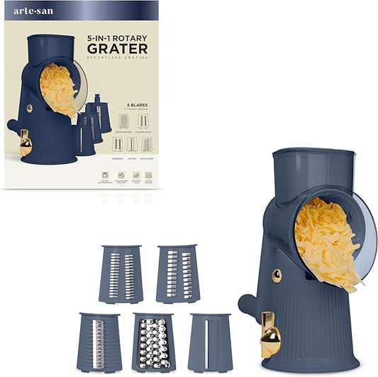 Artesan Rotary Cheese Grater with 5-Blades, Versatile Slicer for Fruits, Vegetables, Cheese - Multifunctional Chopper, Slicer, Grater, Julienne, Dishwasher Safe & Stable, Easy & Safe Meal Prep, Navy