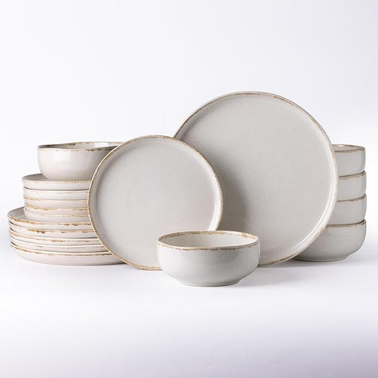 AmorArc Ceramic Dinnerware Sets, Wavy Rim Stoneware Plates and Bowls Sets, Highly Scratch Resistant | Dishwasher & Microwave Dishes set, Service for 8 (24pc)-Speckled Cappuccino