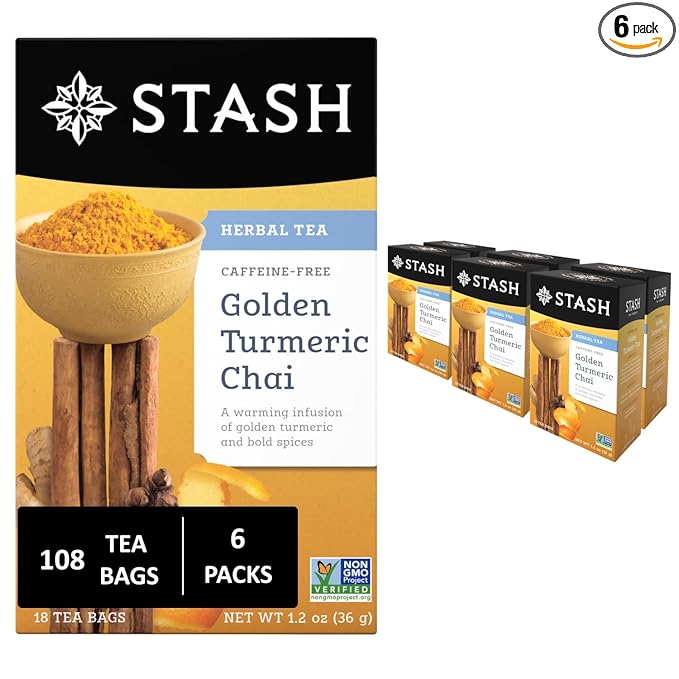 Stash Tea Turmeric Chai Herbal Tea - Naturally Caffeine Free, Non-GMO Project Verified Premium Tea with No Artificial Ingredients, 18 Count (Pack of 6) - 108 Bags Total