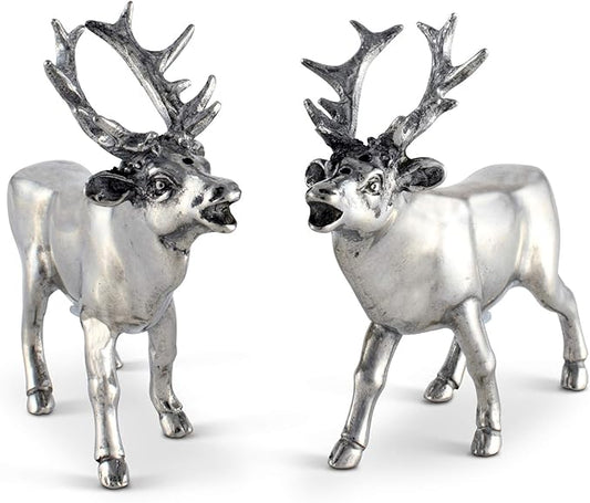 Vagabond House Pewter Deer/Elk Salt and Pepper Shakers Set Artisan Designer Handcrafted for Cabin Lodge Mountain Décor 4.5 inch Tall