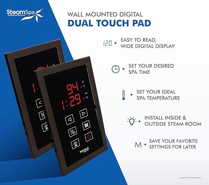 SteamSpa 4.5kW Steam Sauna Generator Executive Bundle 240V Steam Generator with Touch Pad, Steamheads, Pressure Relief Valve, Built-in Auto Drain, LED Light, Filter and Quick Install Kit EXT450OB-A