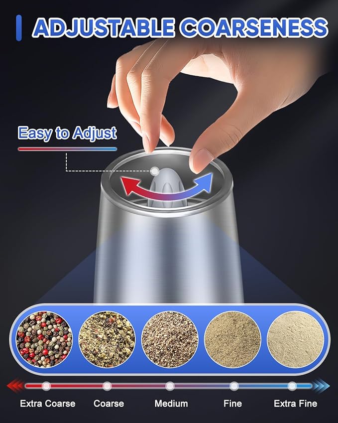 Gravity Electric Pepper and Salt Grinder Set, Adjustable Coarseness, With LED Light, One Hand Automatic Operation, Stainless Steel Black, (2 Pack Silver)