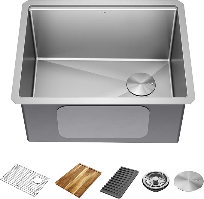 DELTA FAUCET Lorelai 24-inch Workstation Laundry Utility Kitchen Sink Undermount 16 Gauge Stainless Steel Single Bowl with WorkFlow Ledge and a Kit of 5 Accessories, 95B9132-24SL-SS