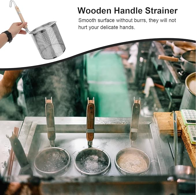 Angoily Mesh Pasta Basket Food Strainer Hot Pot Colander with Round Wooden Handle Stainless Steel Mesh Spider Strainer for Pasta Noodles Dumpling Vegetable