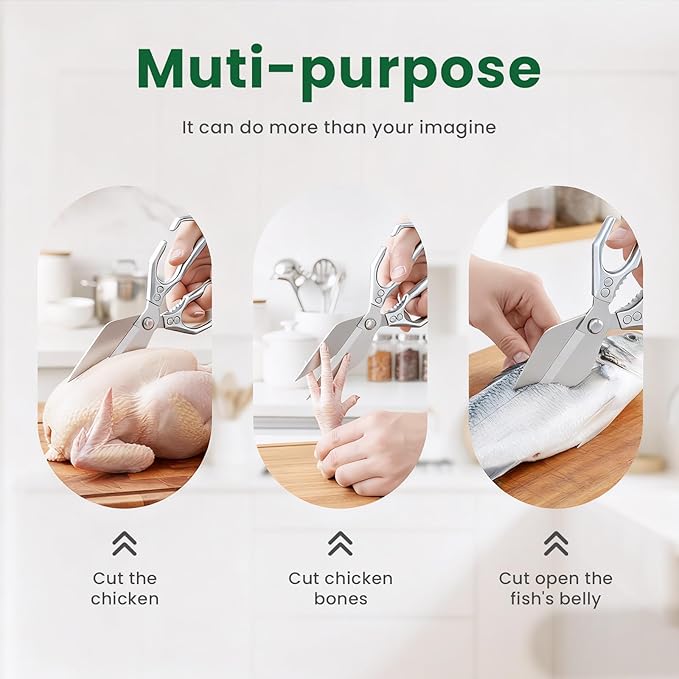Heavy Duty Kitchen Scissors All purpose, poultry shears for food Cutting Meat, Chicken, Bones, Seafood, Herbs, Nuts, Packages, Culinary scissors with Ergonomic Handle Silver