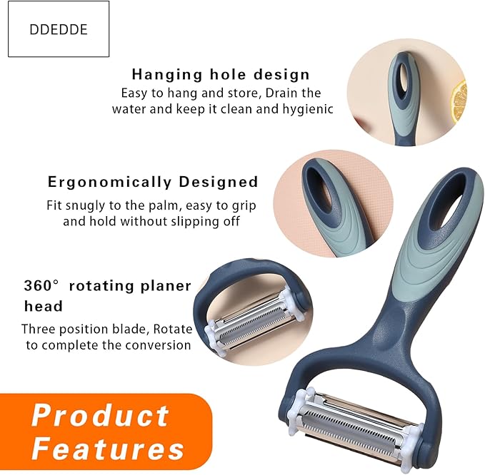 3-in-1 Rotary Vegetable Peeler with 3 Blades - Multi-Function Stainless Steel Peeler & Julienne Slicer - Ergonomic Non-Slip Grip Handle for Potato, Carrot, Fruit, Tomato, Kitchen Gadgets (Blue)