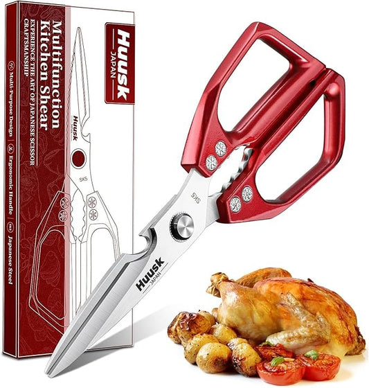 HUUSK Kitchen Scissors for Food - Stainless Steel Kitchen Shears, Sharp Red Meat Scissors Dishwasher Safe, Heavy Duty Poultry Shears, Japanese Cooking Scissor for Chicken, Christmas Gift for Men Women