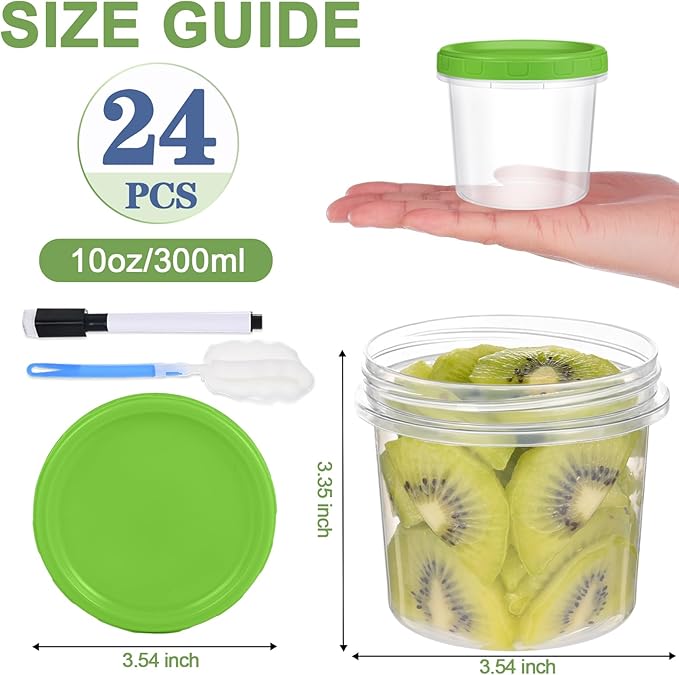 10 oz Plastic Containers with Lids, 24 Pack Stackable Small Freezer Container, Reusable Clear Food Storage Meal Prep Containers for Snack Fruit, Microwave & Dishwasher Safe, with Pen & Brush