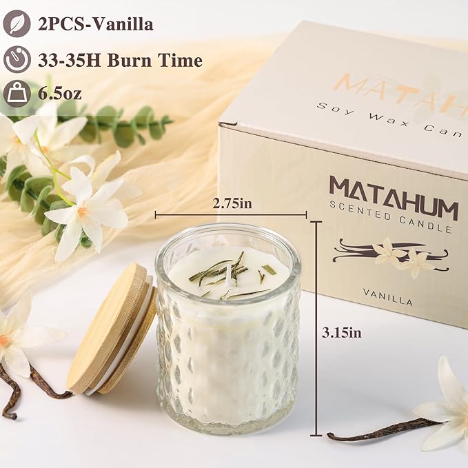 2 Pack Vanilla Scented Candles for Home Decor, 6.5oz Natural Soy Wax Aromatherapy Jar Candles, Housewarming Gift for Women