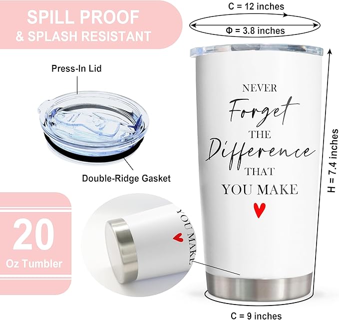Christmas Thank You Gifts for Women/Men, Teacher/Employee Appreciation Gifts, Retirement Gift for Woman, Farewell Gift for Coworkers, Never Forget The Difference You Make Tumbler 20oz
