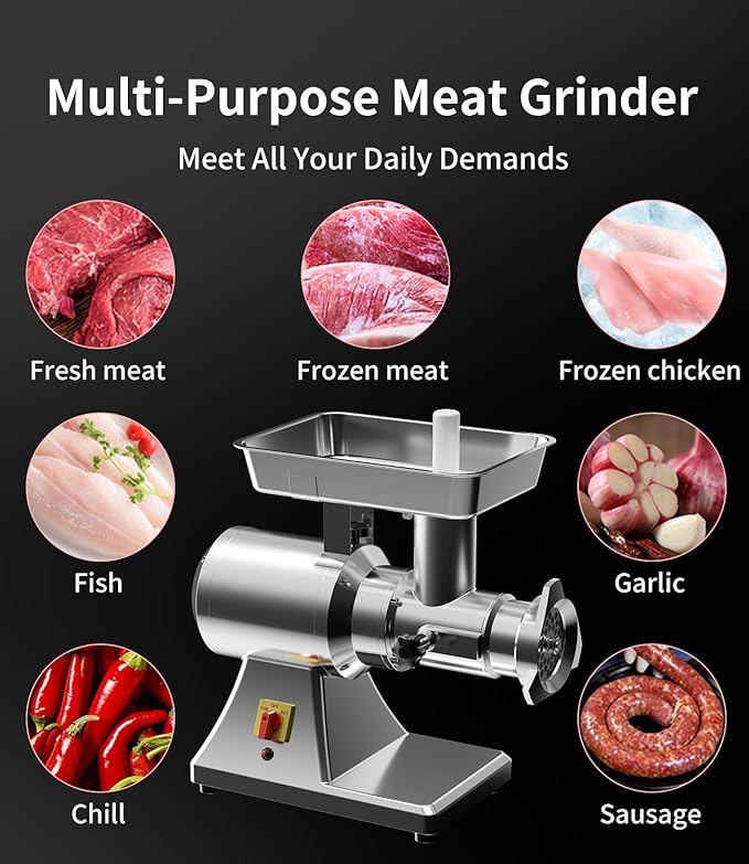 #12 Electric Meat Grinder Heavy Duty, 1.3 HP Stainless Steel Commercial Meat Grinder Machine with Sausage Tube for Deer Processing, Pet Food