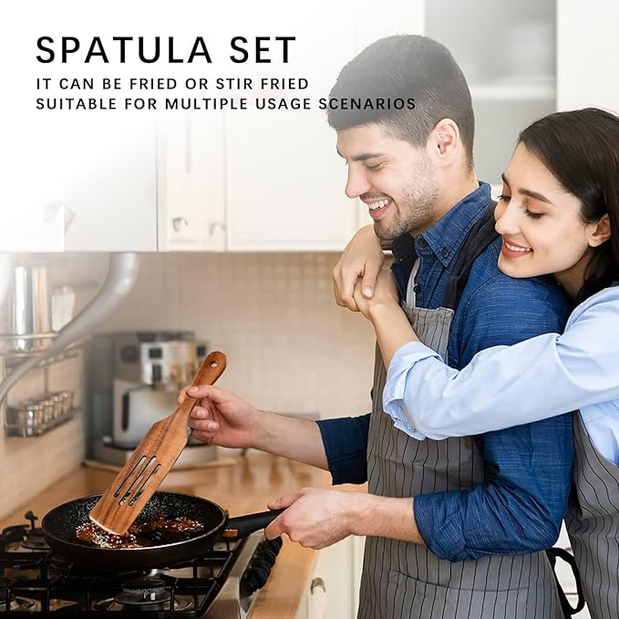 Wooden Spatulas for Cooking Set of 5, Teak Spatula Set with Ergonomic Handles, Nonstick Safe Wooden Spoons for Cooking, Durable Wood Utensil Set for Kitchen, Smooth Handcrafted Wood Spatula