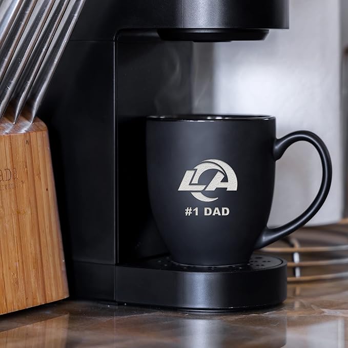 Rico Industries NFL Football #1 Dad 15oz Laser Engraved Matte Black Ceramic Bistro Mug - for Hot or Cold Drinks