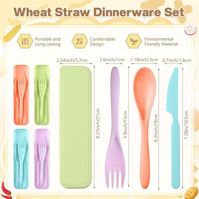 Jinei 50 Sets Reusable Travel Utensils Set with Case Wheat Straw Cutlery Portable Spoon Knife Forks Lunch Box Accessories Friendly Tableware for Kids Adults Camping Utensils(Macaron Color)