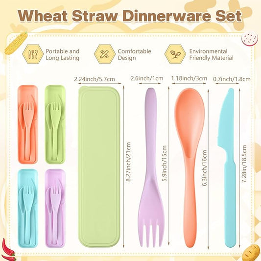 Jinei 50 Sets Reusable Travel Utensils Set with Case Wheat Straw Cutlery Portable Spoon Knife Forks Lunch Box Accessories Friendly Tableware for Kids Adults Camping Utensils(Macaron Color)