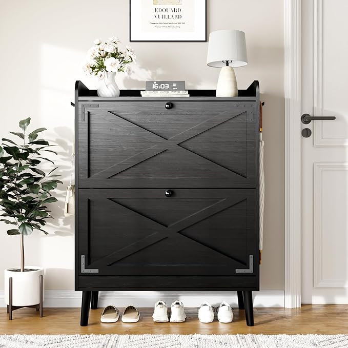 Shoe Storage Cabinet with 2 Flip Drawers & Adjustable Shelves,Narrow Shoe Cabinet Storage with Doors Side Hooks Wooden Shoe Rack Cabinet for Entryway,Hallway,Rustic Black