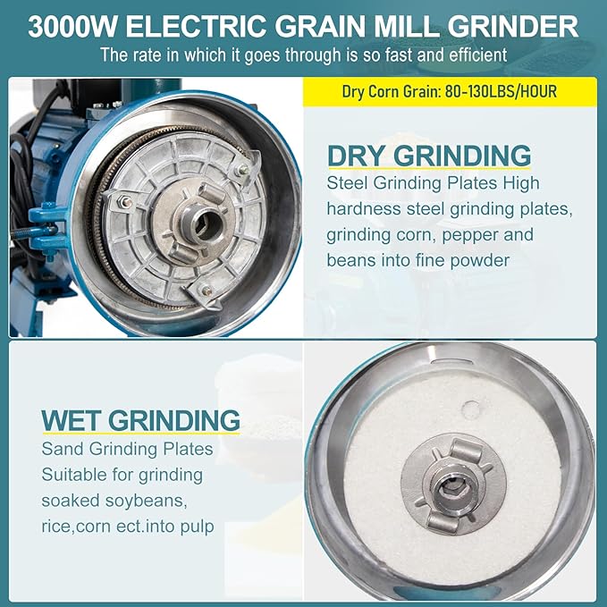 NAIZEA Grain Mills Wet Dry Cereals Grinder, Electric Corn Grain Mill Grinders, Heavy Duty 3000W 110V Commercial Grain Machine, Wheat Feed Flour Mill with Funnel (Dry & Wet Grinder)