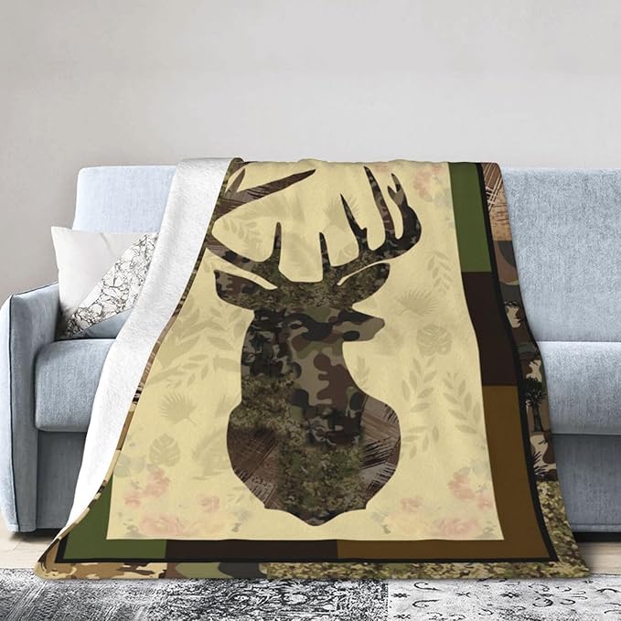 Deer Blanket Camo Hunting Throw Blanket Cozy Plush Dad Elk Fleece Flannel Ultra Soft Blankets Lightweight Fuzzy Warm Gifts for Adults Men 50"X40"