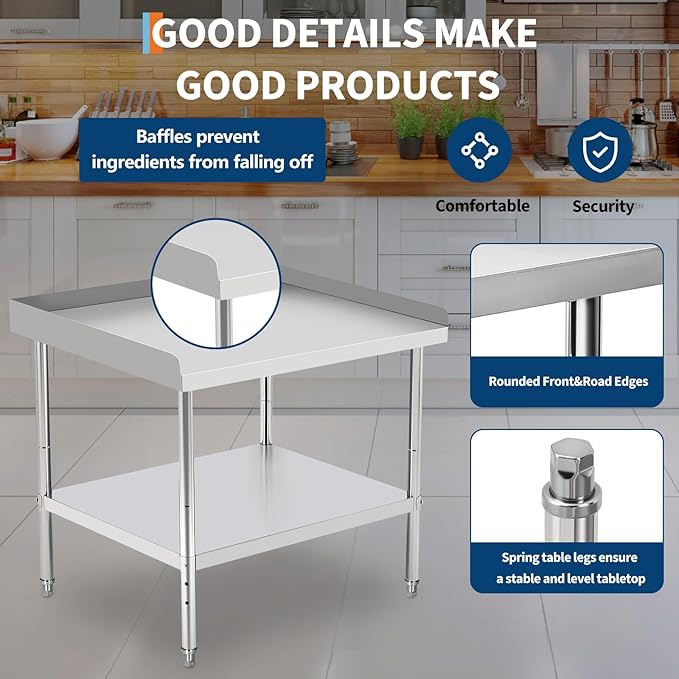 48x28x30 in Stainless Steel Equipment Grill Stand Table 400 LBS Capacity NSF Certified with Adjustable Legs, 2 in Edge Baffle, for Hotel, Home, Commercial Restaurant Kitchen